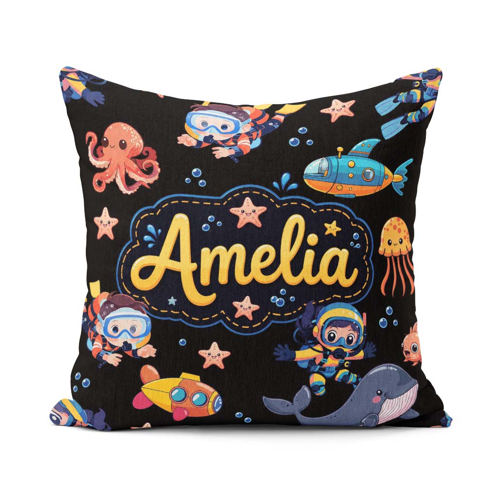 Custom Name with Scuba Divers Starfish and Whale on Grey Lovely Square Filled Cushion Throw Pillow Sofa Bed Home Decor Zip Washable UK Made