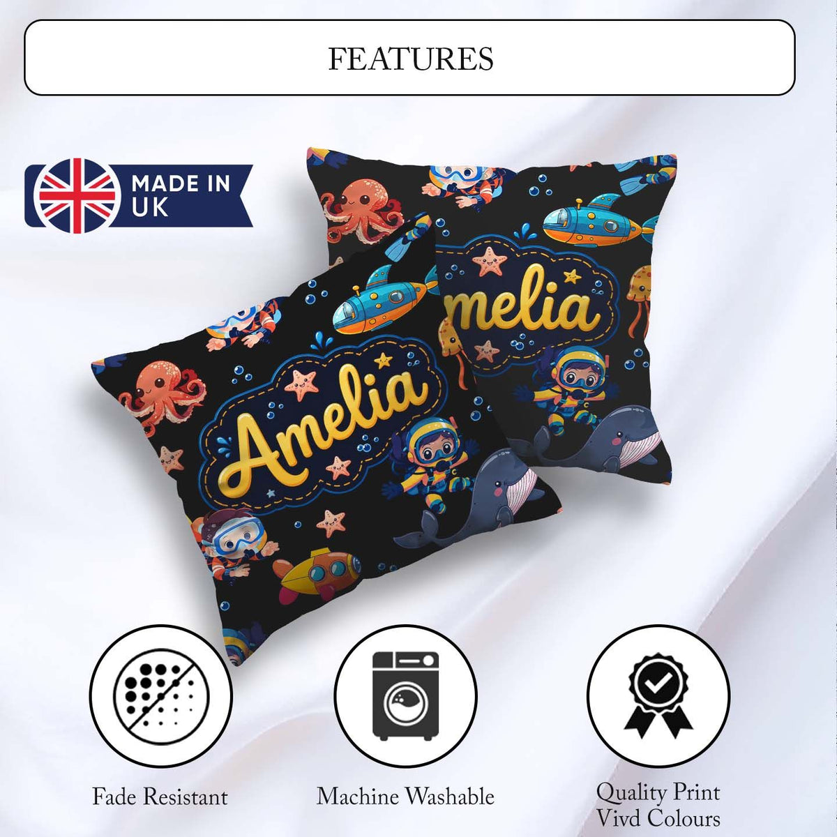 Custom Name with Scuba Divers Starfish and Whale on Grey Lovely Square Filled Cushion Throw Pillow Sofa Bed Home Decor Zip Washable UK Made