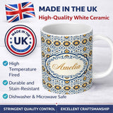 Personalized Custom Name Blue and Yellow Folk Art Floral Tile Seamless Pattern Lovely 11oz Ceramic Coffee Tea Mug White Large Handle