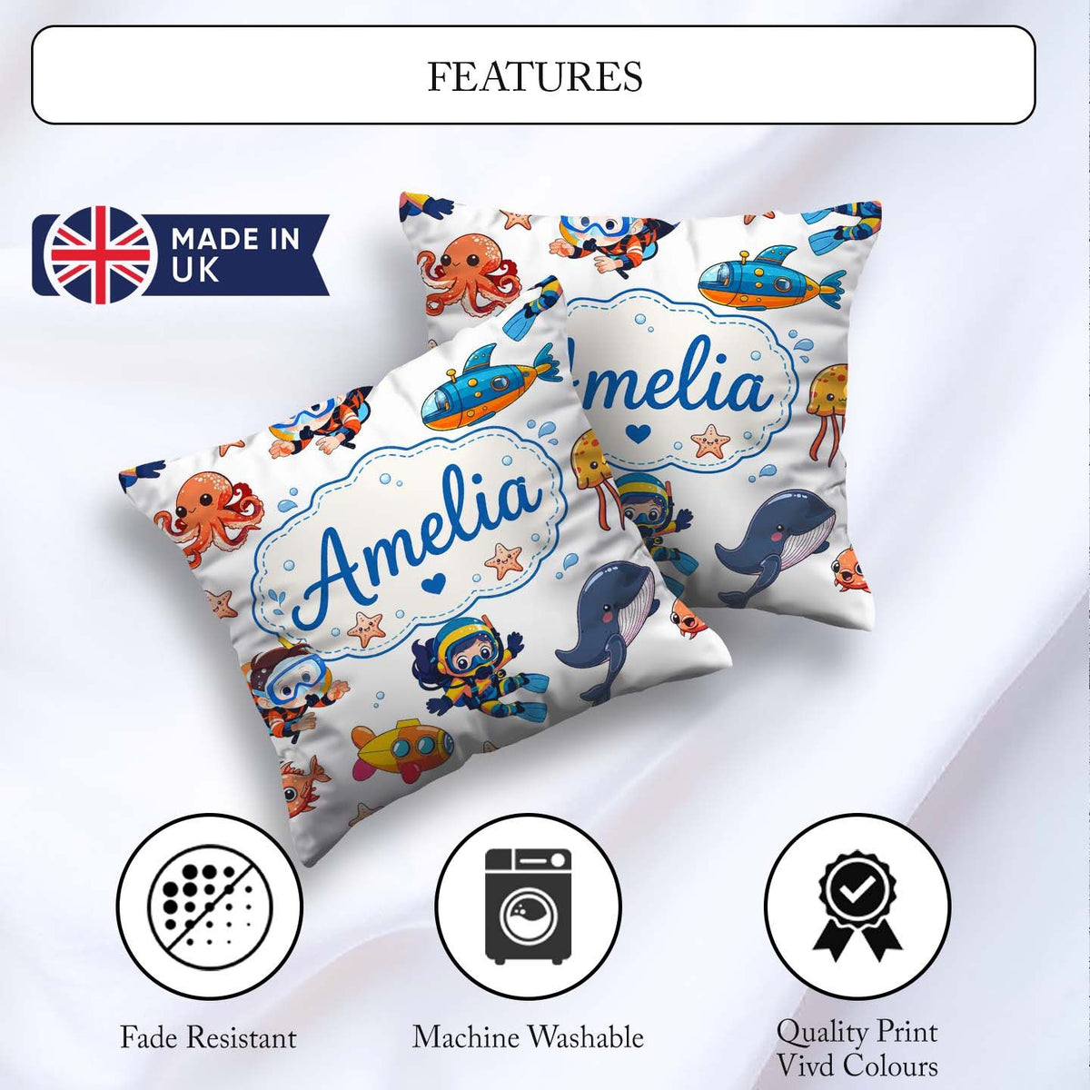 Custom Name with Scuba Divers Starfish and Whale on Clean White Square Filled Cushion Throw Pillow Sofa Bed Home Decor Zip Washable UK Made
