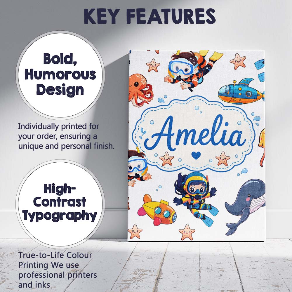 Personalised Name Underwater with Scuba Custom  Modern Room Accent Elegant Feature Canvas Wall Art Print Decor Picture Ready to Hang