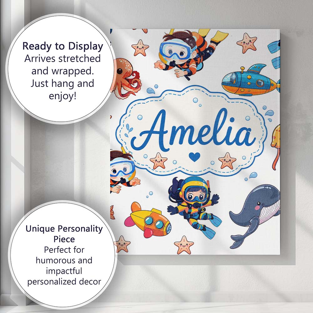 Personalised Name Underwater with Scuba Custom  Modern Room Accent Elegant Feature Canvas Wall Art Print Decor Picture Ready to Hang