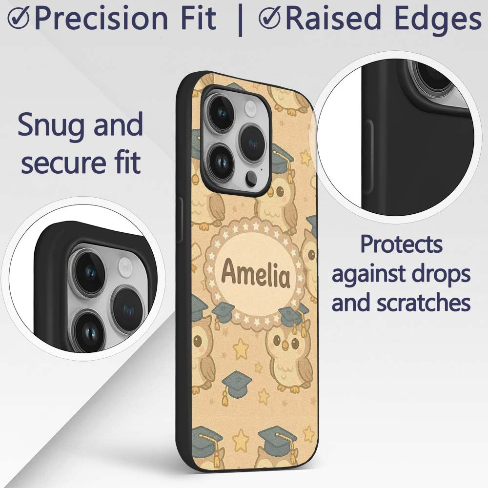 Cute Graduation Owl Cartoon Animal Pattern Cute Custom Name Protective Phone Case Mobile Cover Durable Everyday Smartphone Shock Resistant