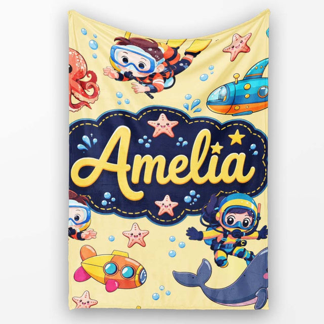 Underwater with Scuba Divers Starfish and Whale on Warm Yellow  Personalised Custom Name Super Soft Fleece Blanket Bed Sofa Throw