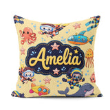 Custom Name with Scuba Divers Starfish and Whale on Warm Yellow Square Filled Cushion Throw Pillow Sofa Bed Home Decor Zip Washable UK Made