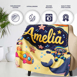 Underwater with Scuba Divers Starfish and Whale on Warm Yellow  Personalised Custom Name Super Soft Fleece Blanket Bed Sofa Throw