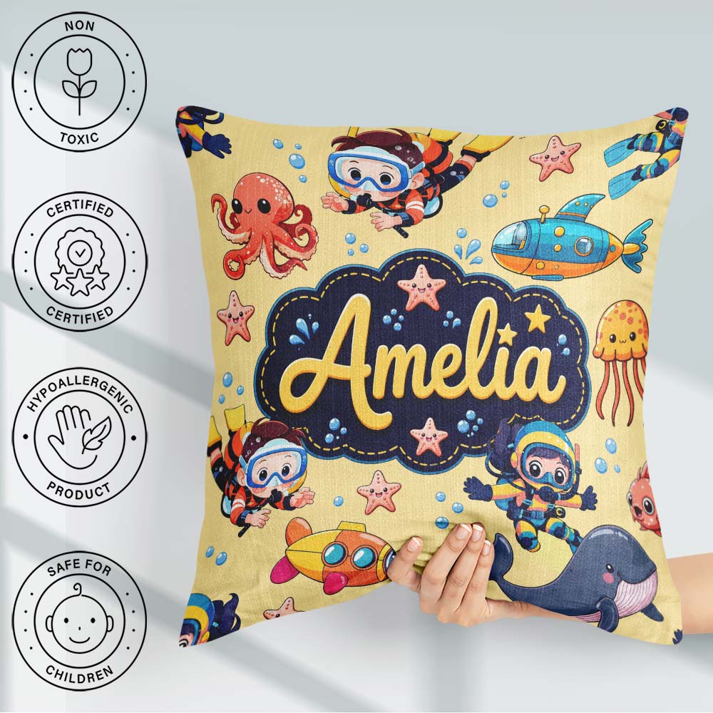 Custom Name with Scuba Divers Starfish and Whale on Warm Yellow Square Filled Cushion Throw Pillow Sofa Bed Home Decor Zip Washable UK Made