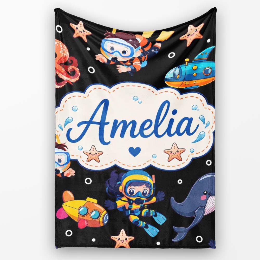 Underwater with Scuba Divers Starfish and Whale on Deep Black Lovely  Personalised Custom Name Super Soft Fleece Blanket Bed Sofa Throw