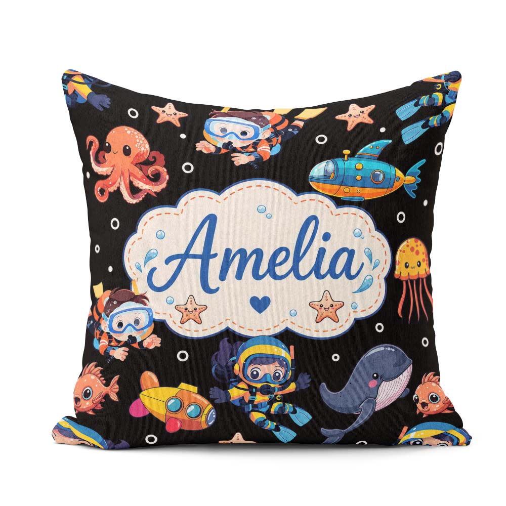 Custom Name Underwater with Scuba Divers and Whale on Deep Black Square Filled Cushion Throw Pillow Sofa Bed Home Decor Zip Washable UK Made