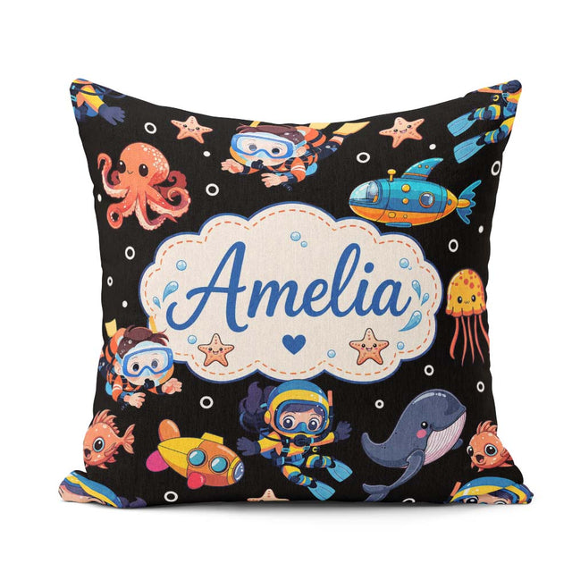 Custom Name Underwater with Scuba Divers and Whale on Deep Black Square Filled Cushion Throw Pillow Sofa Bed Home Decor Zip Washable UK Made