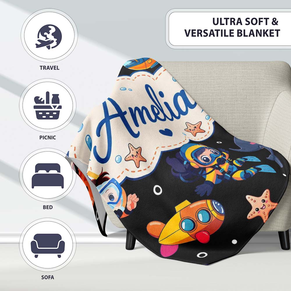 Underwater with Scuba Divers Starfish and Whale on Deep Black Lovely  Personalised Custom Name Super Soft Fleece Blanket Bed Sofa Throw