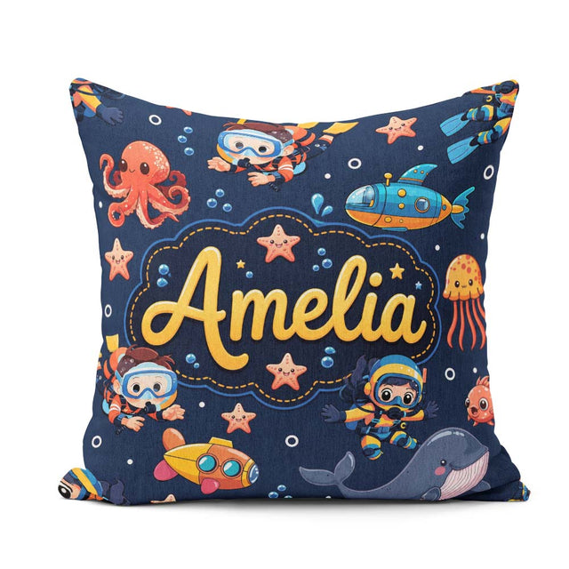 Custom Name Underwater with Scuba Divers and Whale on Navy Blue Square Filled Cushion Throw Pillow Sofa Bed Home Decor Zip Washable UK Made