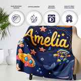 Underwater with Scuba Divers Starfish and Whale on Navy Blue Lovely  Personalised Custom Name Super Soft Fleece Blanket Bed Sofa Throw