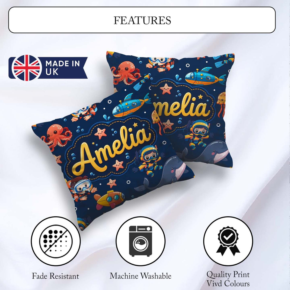 Custom Name Underwater with Scuba Divers and Whale on Navy Blue Square Filled Cushion Throw Pillow Sofa Bed Home Decor Zip Washable UK Made