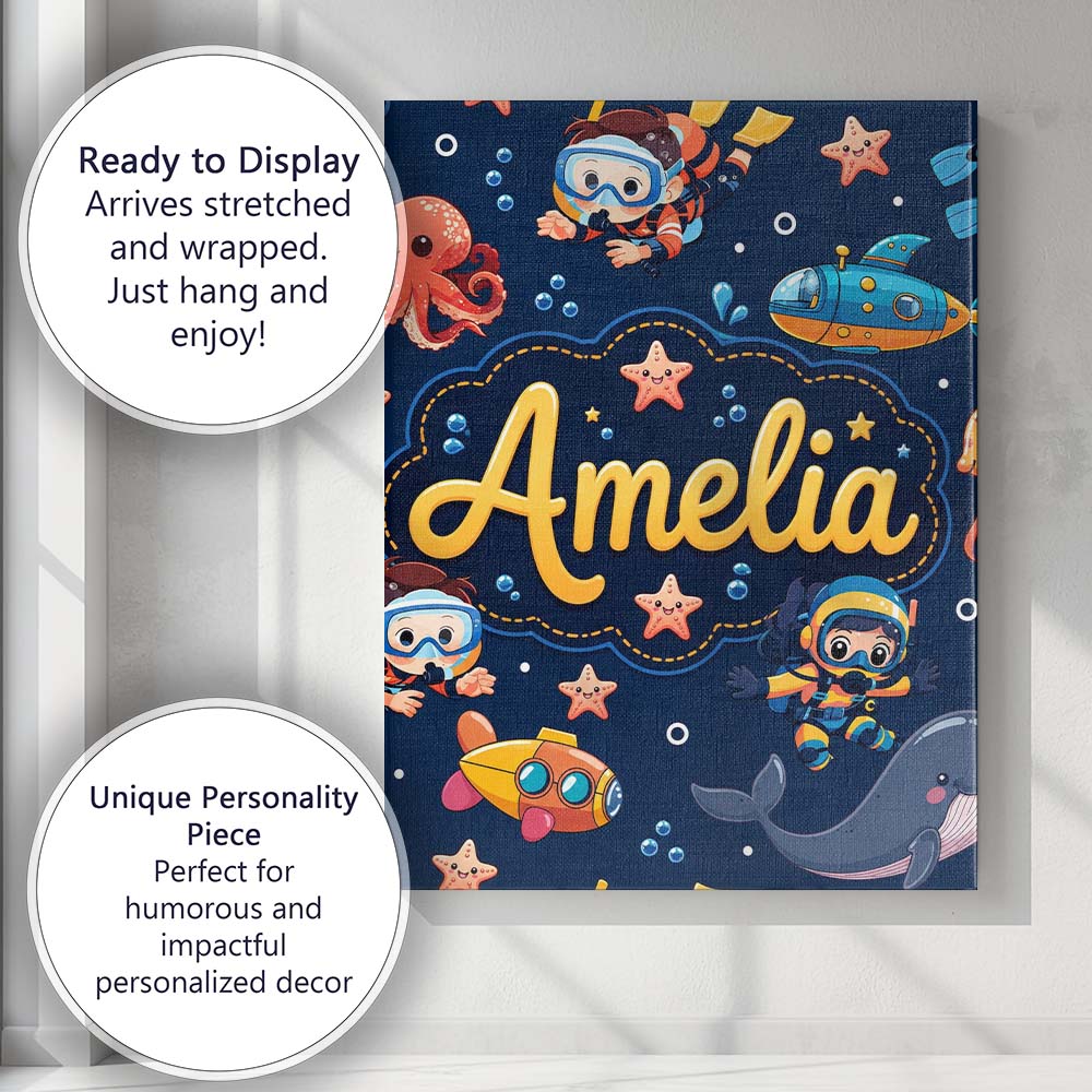 Personalised Name Underwater with Scuba Custom  Modern Room Accent Elegant Feature Canvas Wall Art Print Decor Picture Ready to Hang
