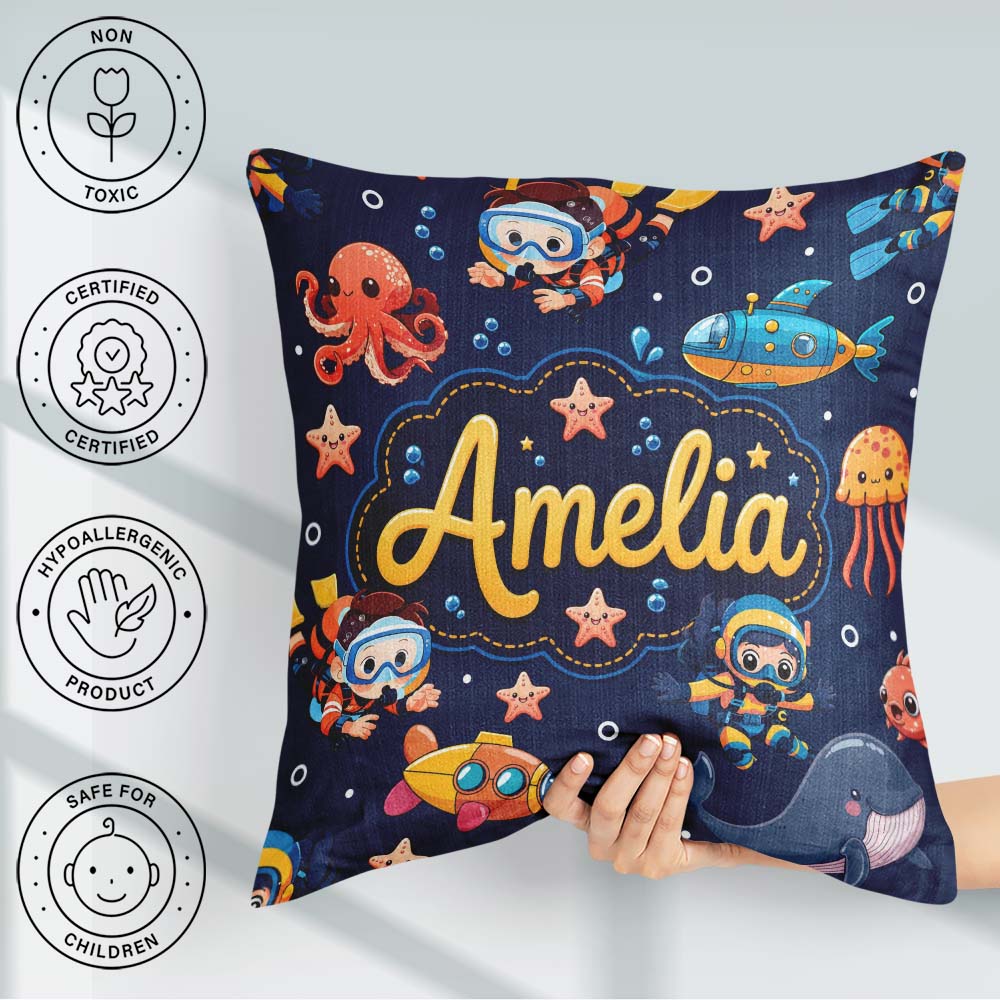 Custom Name Underwater with Scuba Divers and Whale on Navy Blue Square Filled Cushion Throw Pillow Sofa Bed Home Decor Zip Washable UK Made