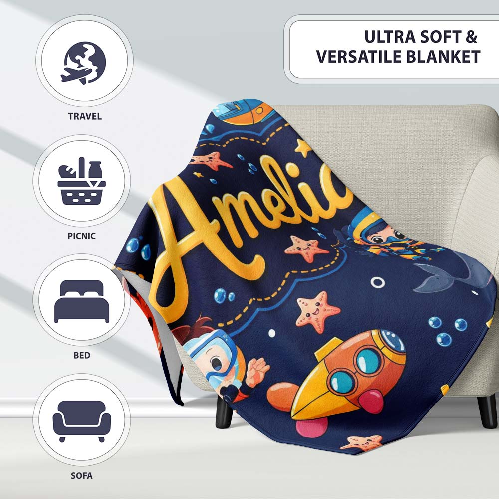 Underwater with Scuba Divers Starfish and Whale on Navy Blue Lovely  Personalised Custom Name Super Soft Fleece Blanket Bed Sofa Throw
