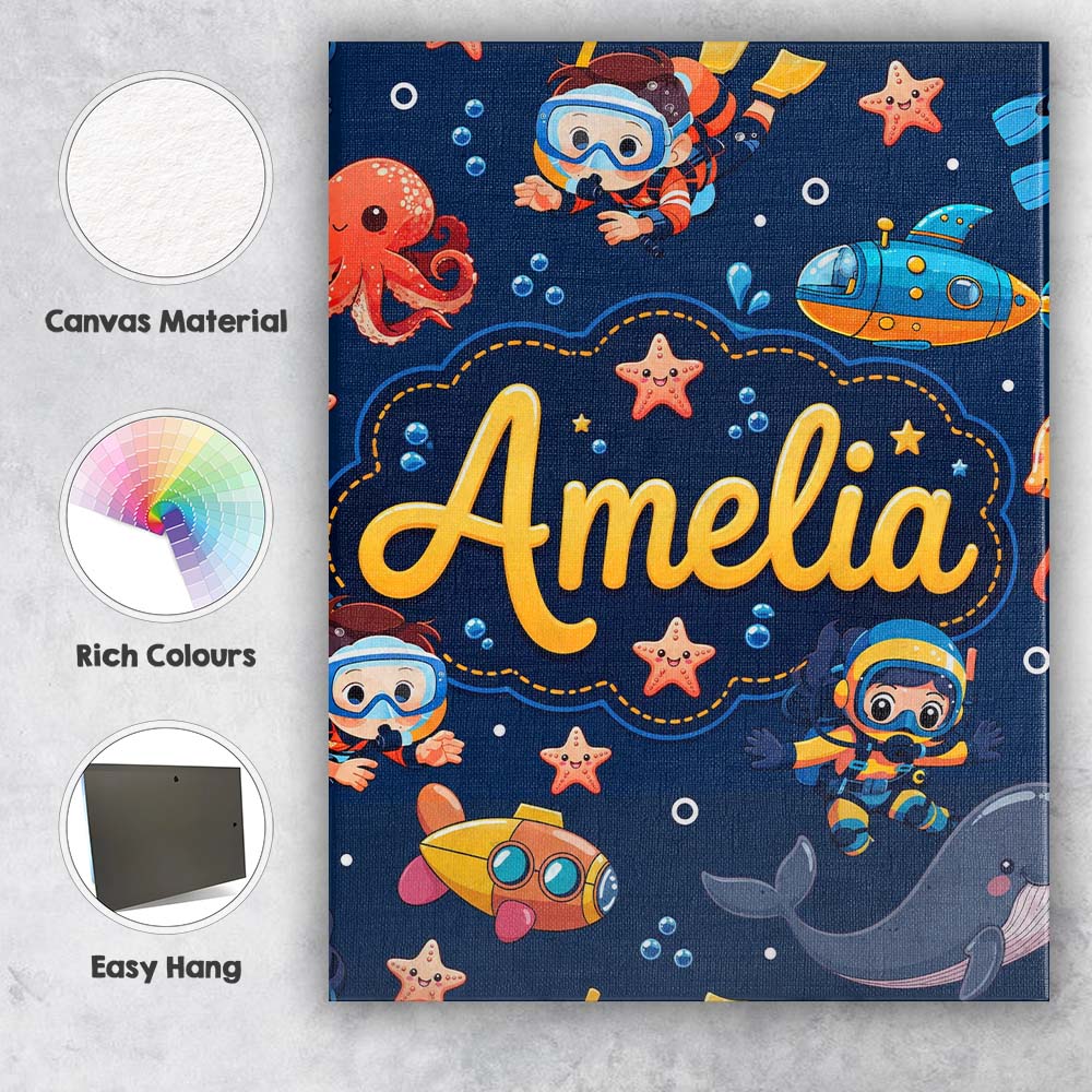 Personalised Name Underwater with Scuba Custom  Modern Room Accent Elegant Feature Canvas Wall Art Print Decor Picture Ready to Hang