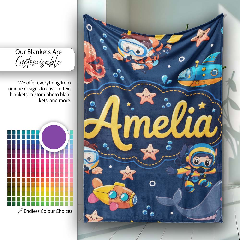 Underwater with Scuba Divers Starfish and Whale on Navy Blue Lovely  Personalised Custom Name Super Soft Fleece Blanket Bed Sofa Throw