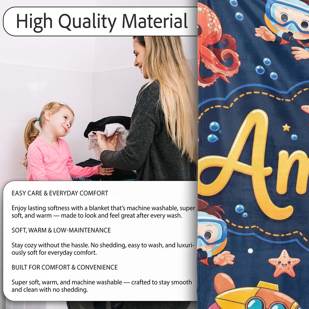 Underwater with Scuba Divers Starfish and Whale on Navy Blue Lovely  Personalised Custom Name Super Soft Fleece Blanket Bed Sofa Throw