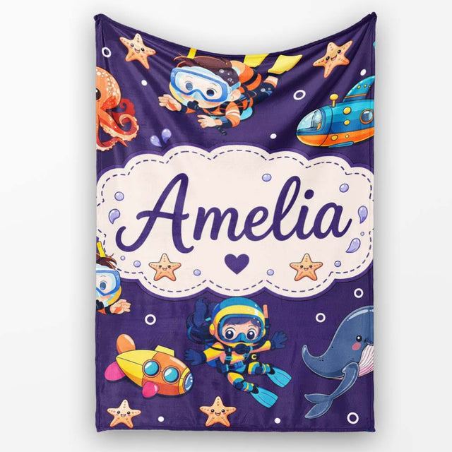 Underwater with Scuba Divers Starfish and Whale on Rich Purple  Personalised Custom Name Super Soft Fleece Blanket Bed Sofa Throw