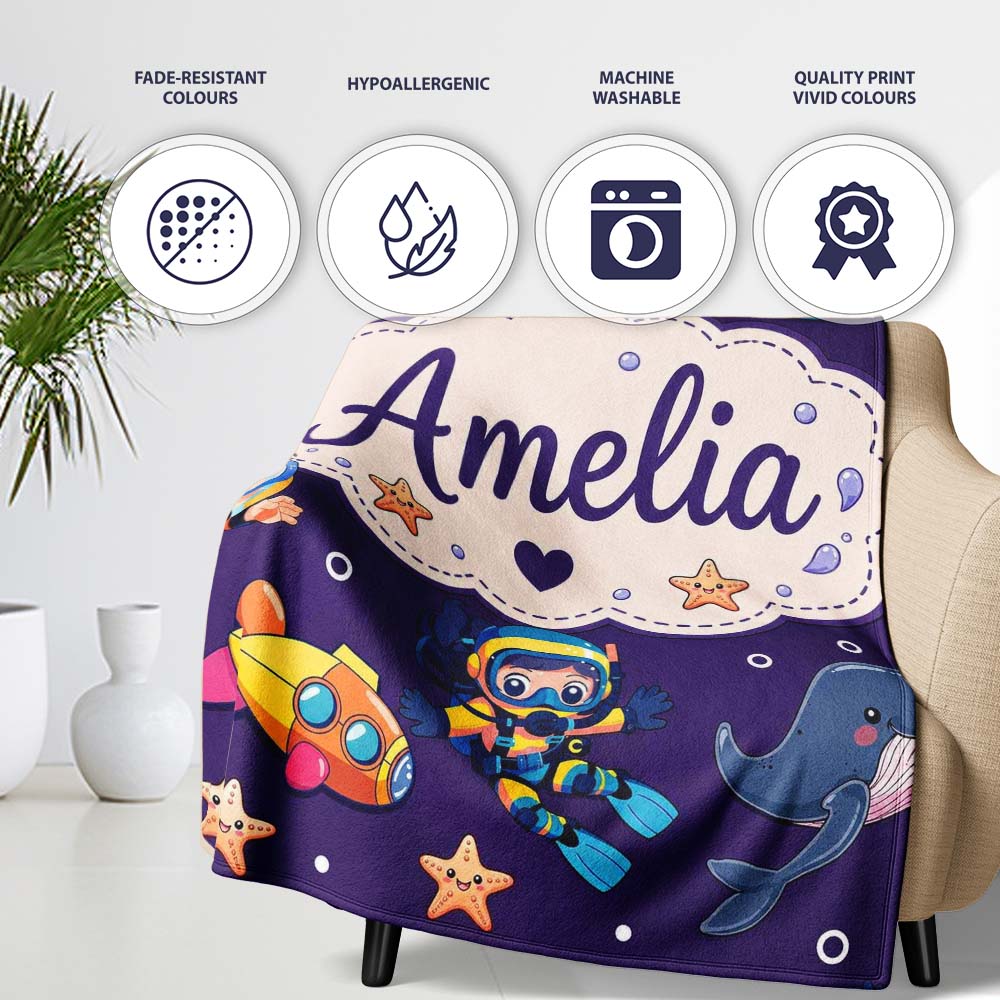 Underwater with Scuba Divers Starfish and Whale on Rich Purple  Personalised Custom Name Super Soft Fleece Blanket Bed Sofa Throw