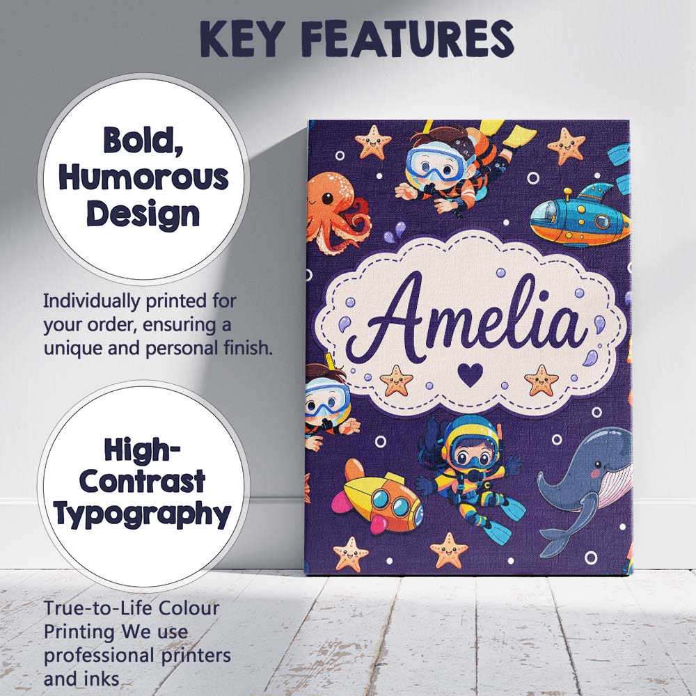 Personalised Name Underwater with Scuba Custom  Modern Room Accent Elegant Feature Canvas Wall Art Print Decor Picture Ready to Hang