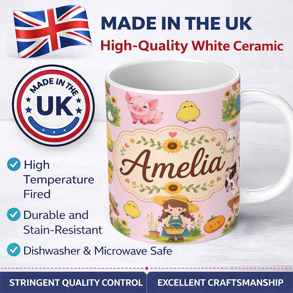 Custom Name Cute Farm Girl Animals Harvest Seamless Pattern Pink Background 11oz Ceramic Coffee Tea Mug White Large Handle