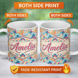 Personalized Custom Name Floral Swirl Pattern Vintage 70s Style Seamless Botanical Design 11oz Ceramic Coffee Tea Mug White Large Handle