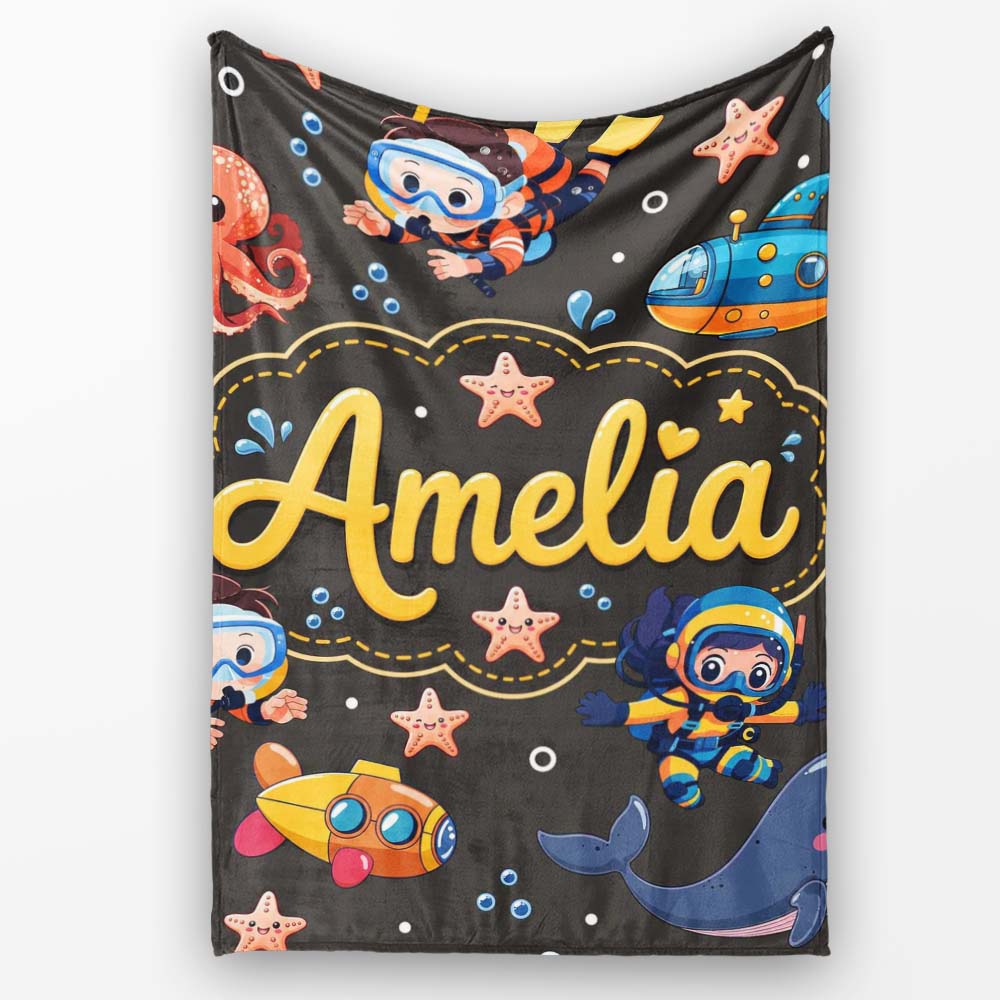 Underwater with Scuba Divers Starfish and Whale on Dark Charcoal  Personalised Custom Name Super Soft Fleece Blanket Bed Sofa Throw