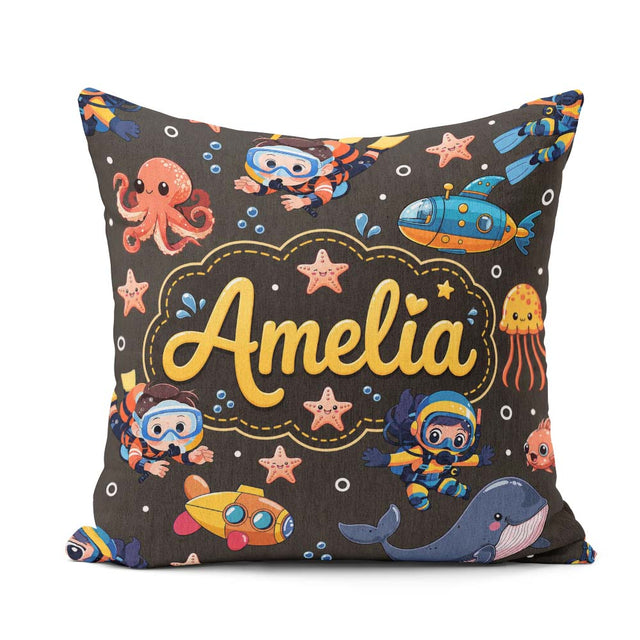 Custom Name Underwater with Scuba Divers Starfish and Whale Dark Square Filled Cushion Throw Pillow Sofa Bed Home Decor Zip Washable UK Made
