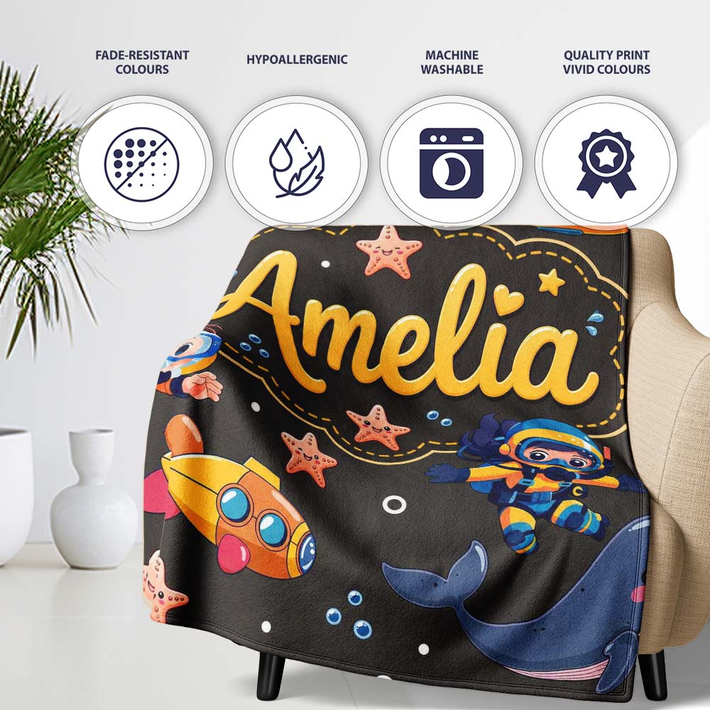 Underwater with Scuba Divers Starfish and Whale on Dark Charcoal  Personalised Custom Name Super Soft Fleece Blanket Bed Sofa Throw