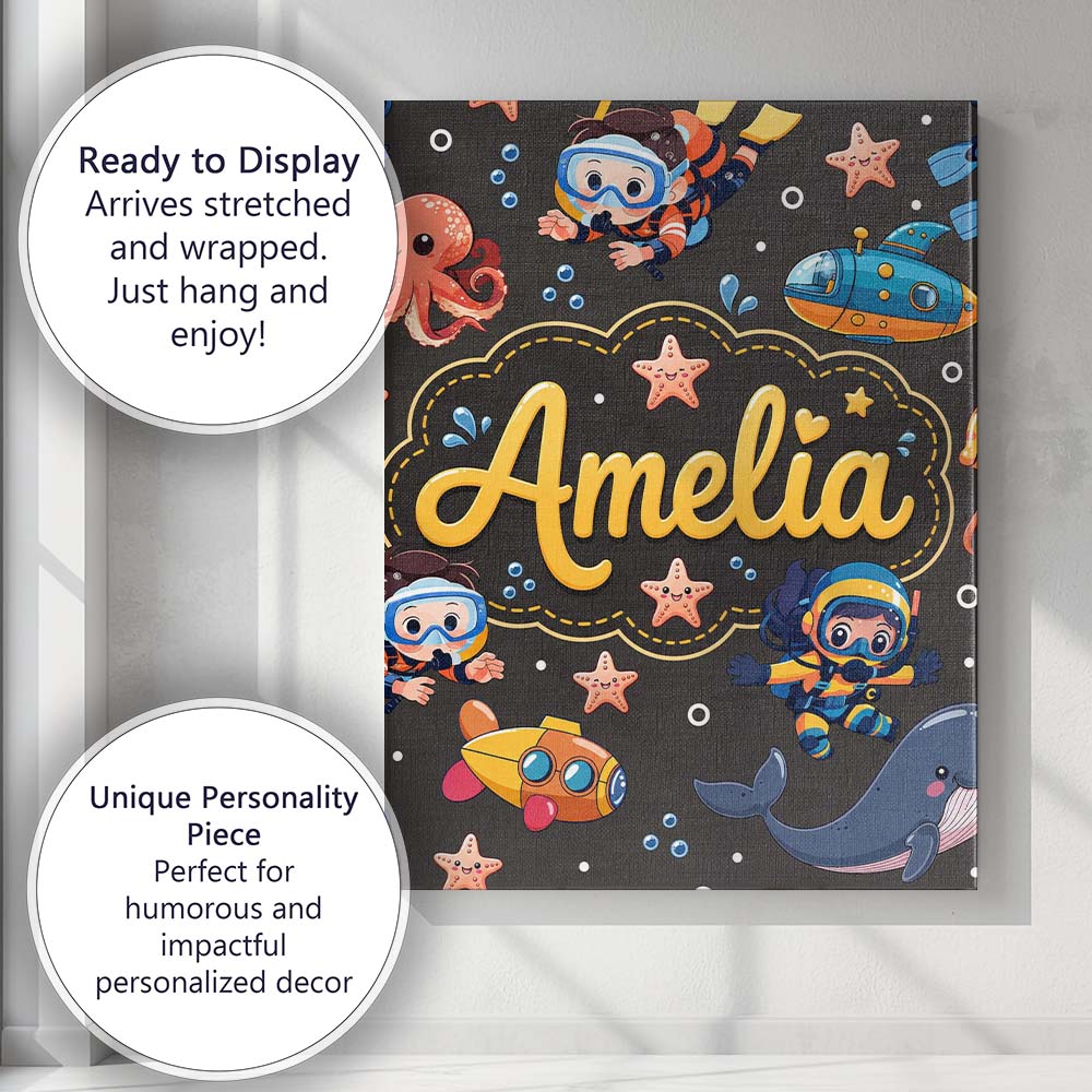 Personalised Name Underwater with Scuba Custom  Modern Room Accent Elegant Feature Canvas Wall Art Print Decor Picture Ready to Hang