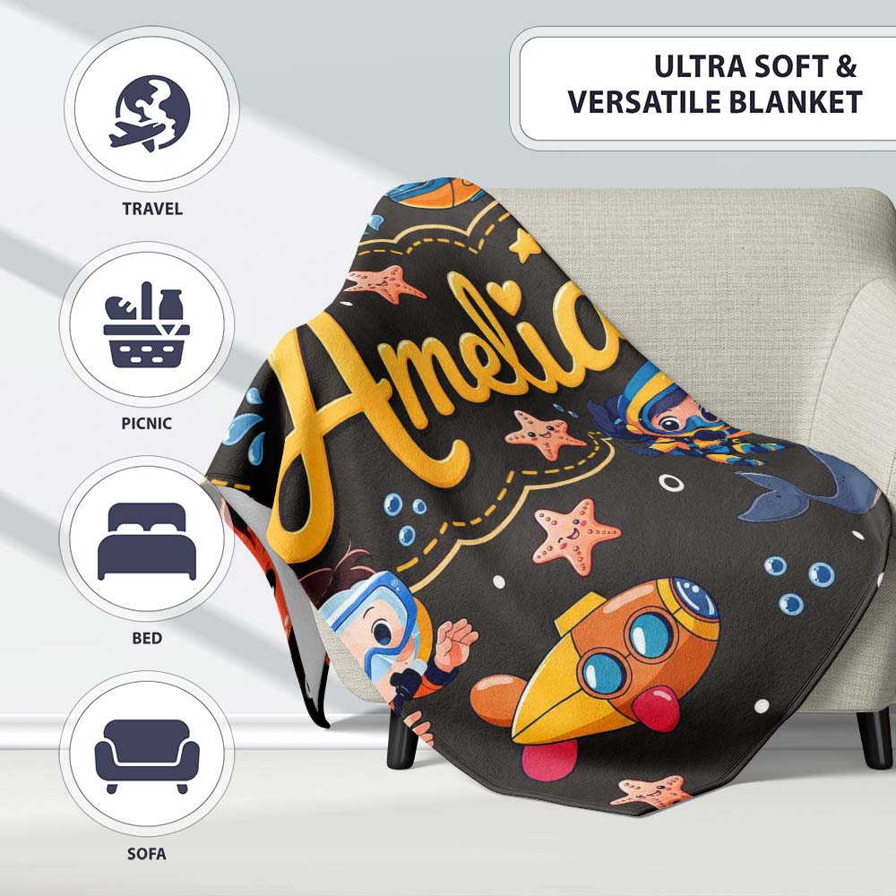Underwater with Scuba Divers Starfish and Whale on Dark Charcoal  Personalised Custom Name Super Soft Fleece Blanket Bed Sofa Throw