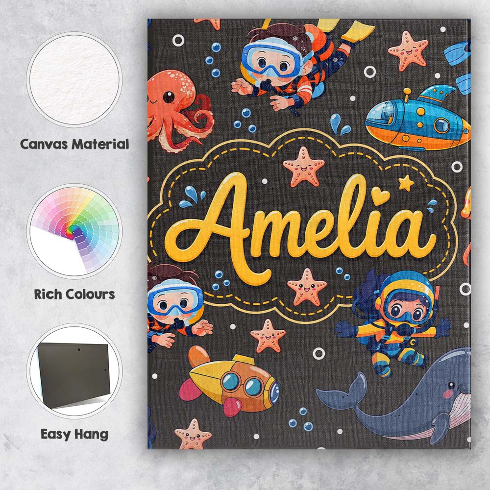 Personalised Name Underwater with Scuba Custom  Modern Room Accent Elegant Feature Canvas Wall Art Print Decor Picture Ready to Hang