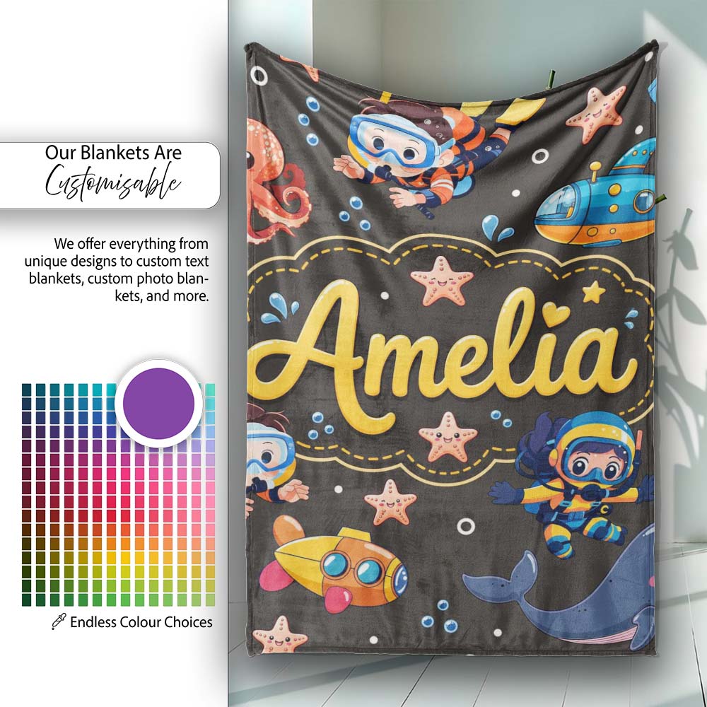 Underwater with Scuba Divers Starfish and Whale on Dark Charcoal  Personalised Custom Name Super Soft Fleece Blanket Bed Sofa Throw