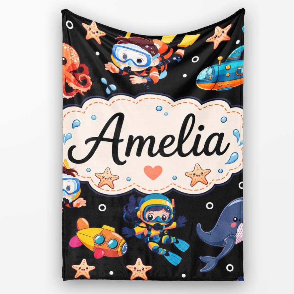 Underwater with Scuba Divers Starfish and Whale on Light Grey Lovely  Personalised Custom Name Super Soft Fleece Blanket Bed Sofa Throw