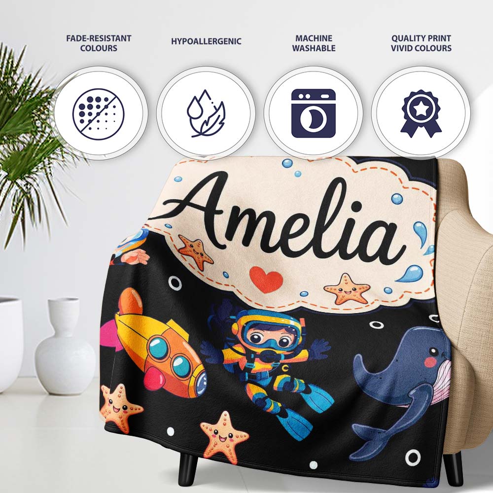 Underwater with Scuba Divers Starfish and Whale on Light Grey Lovely  Personalised Custom Name Super Soft Fleece Blanket Bed Sofa Throw