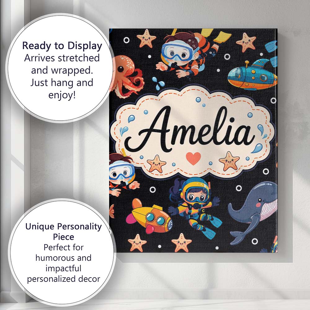 Personalised Name Underwater with Scuba Custom  Modern Room Accent Elegant Feature Canvas Wall Art Print Decor Picture Ready to Hang