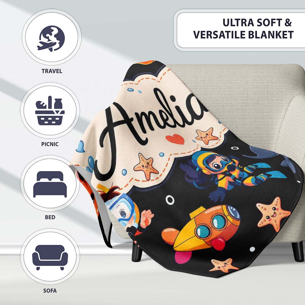 Underwater with Scuba Divers Starfish and Whale on Light Grey Lovely  Personalised Custom Name Super Soft Fleece Blanket Bed Sofa Throw