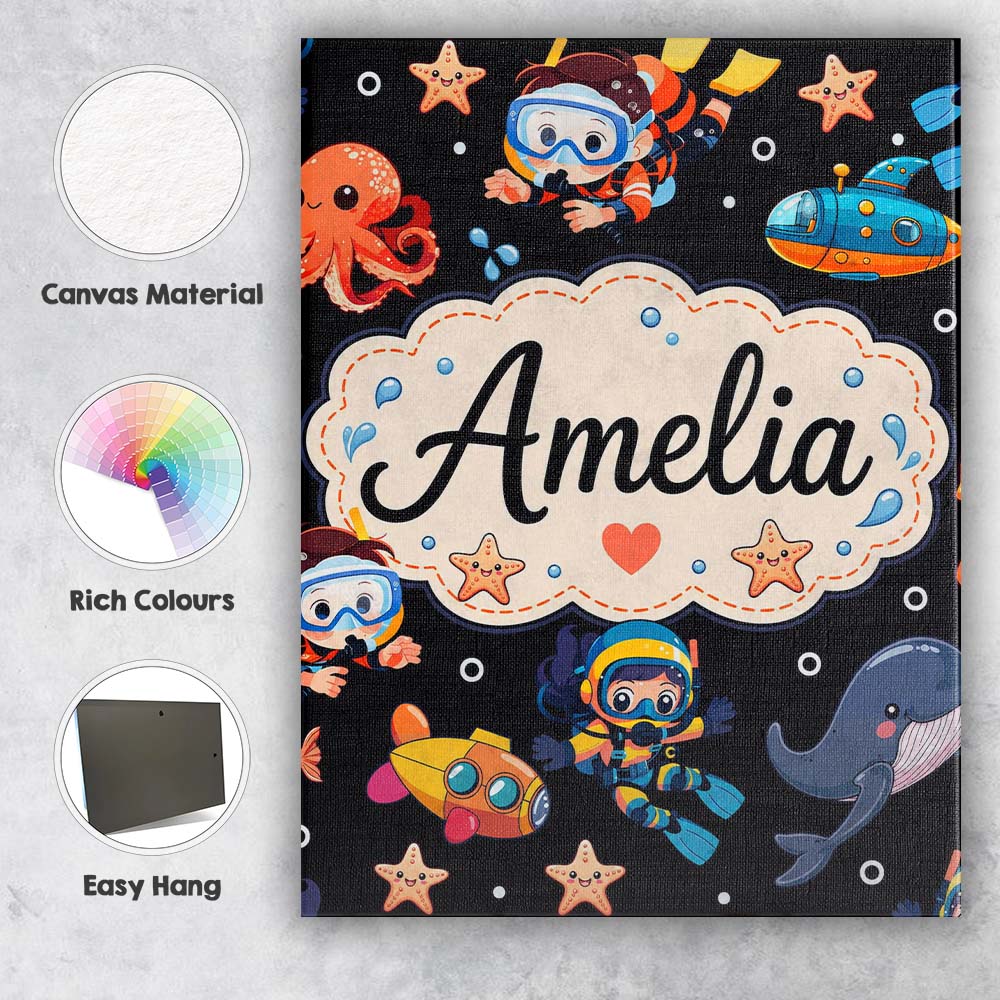 Personalised Name Underwater with Scuba Custom  Modern Room Accent Elegant Feature Canvas Wall Art Print Decor Picture Ready to Hang