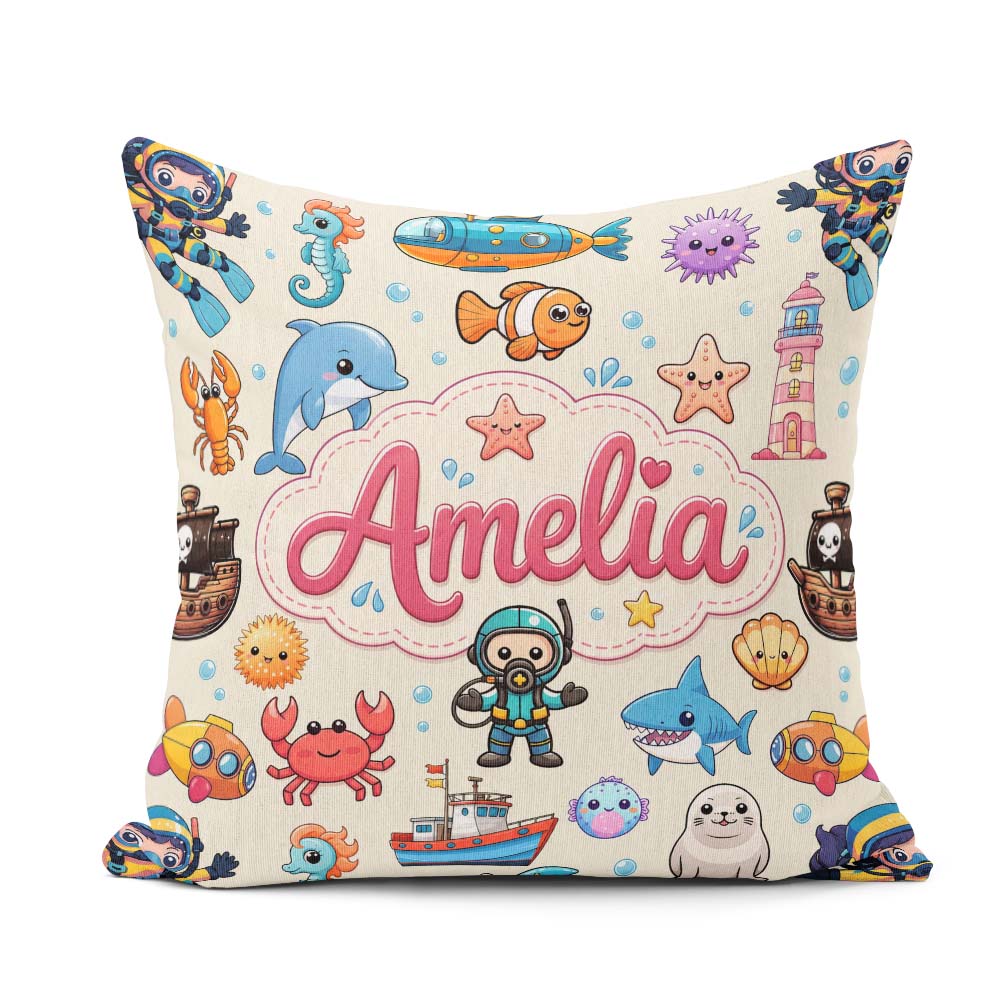 Custom Name Cartoon Ocean with sea Creatures on Beige Background Square Filled Cushion Throw Pillow Sofa Bed Home Decor Zip Washable UK Made