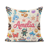 Custom Name Cartoon Ocean with sea Creatures on Beige Background Square Filled Cushion Throw Pillow Sofa Bed Home Decor Zip Washable UK Made
