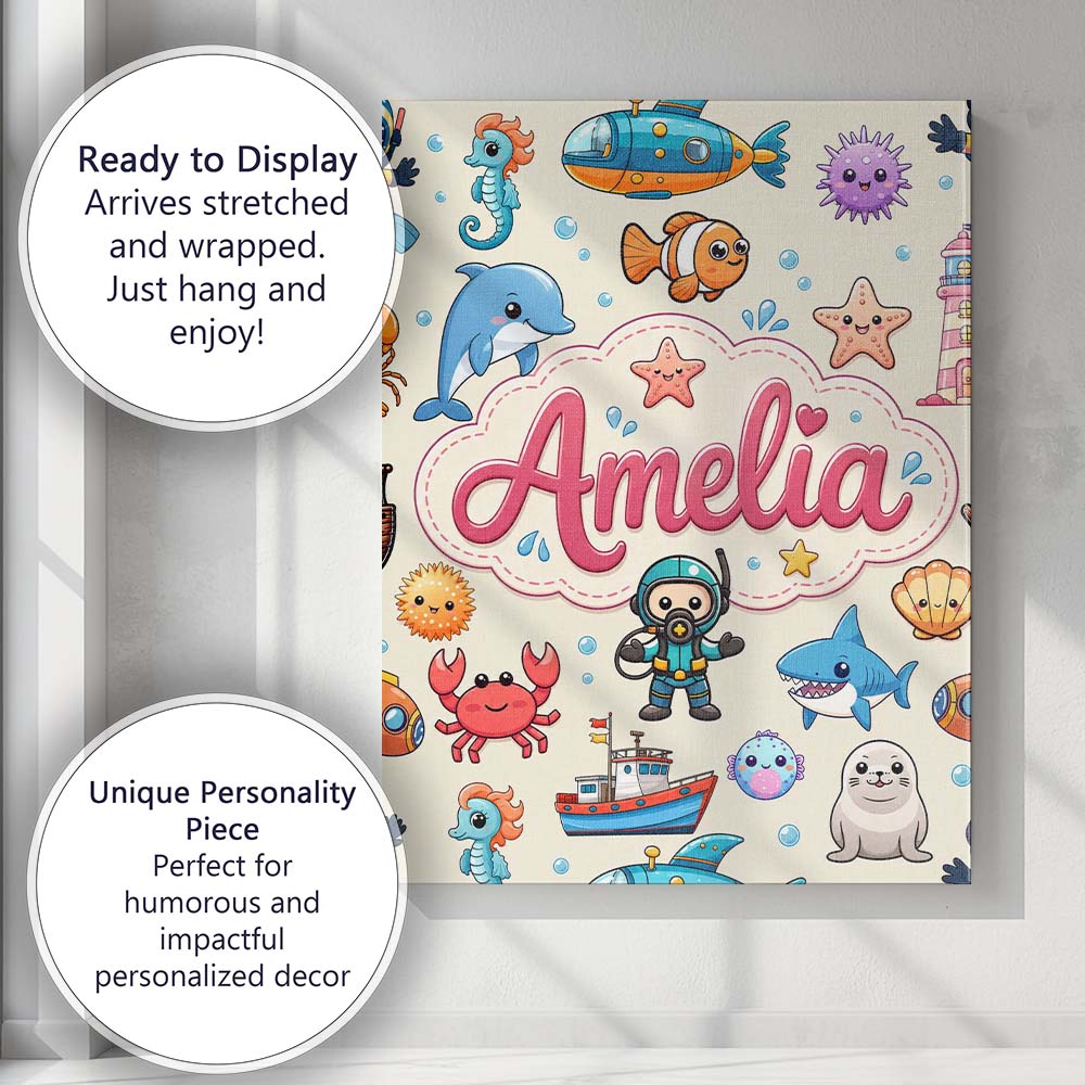 Personalised Name Cartoon Ocean with Custom Premium Decorative Design Modern Room Accent Canvas Wall Art Print Decor Picture Ready to Hang