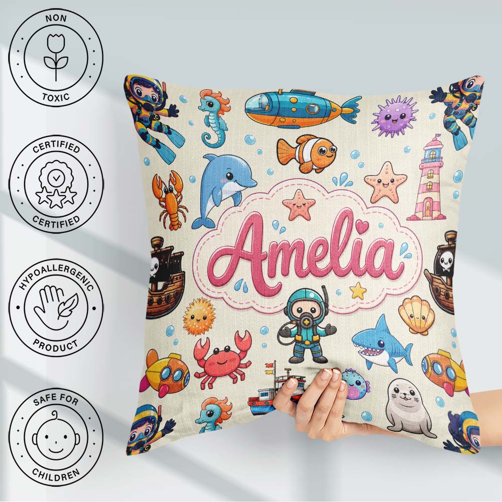 Custom Name Cartoon Ocean with sea Creatures on Beige Background Square Filled Cushion Throw Pillow Sofa Bed Home Decor Zip Washable UK Made