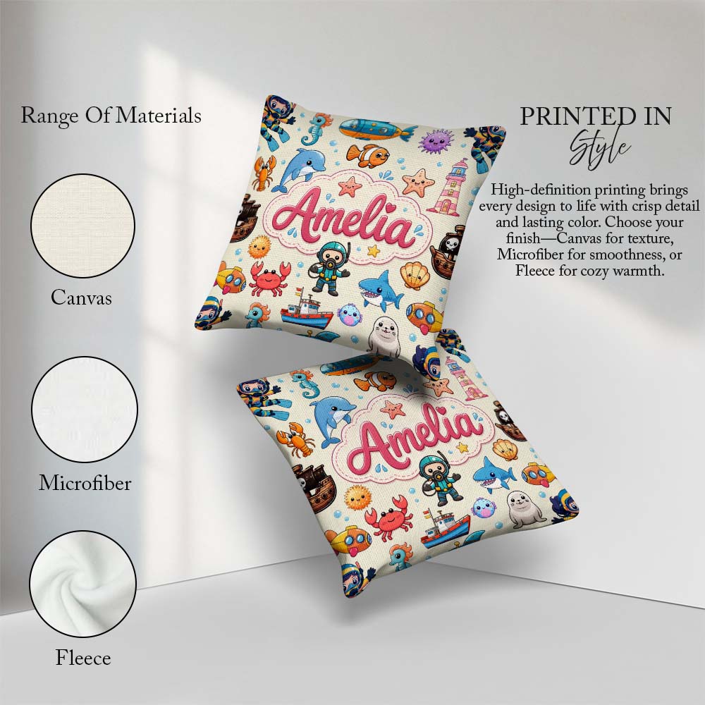 Custom Name Cartoon Ocean with sea Creatures on Beige Background Square Filled Cushion Throw Pillow Sofa Bed Home Decor Zip Washable UK Made