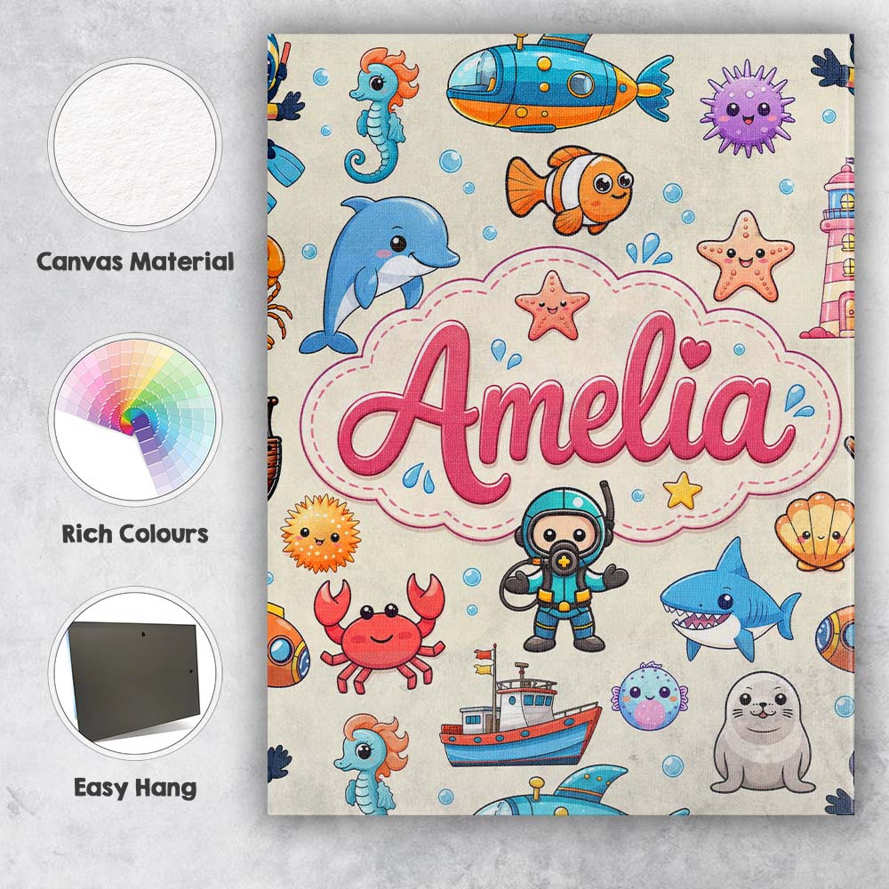 Personalised Name Cartoon Ocean with Custom Premium Decorative Design Modern Room Accent Canvas Wall Art Print Decor Picture Ready to Hang