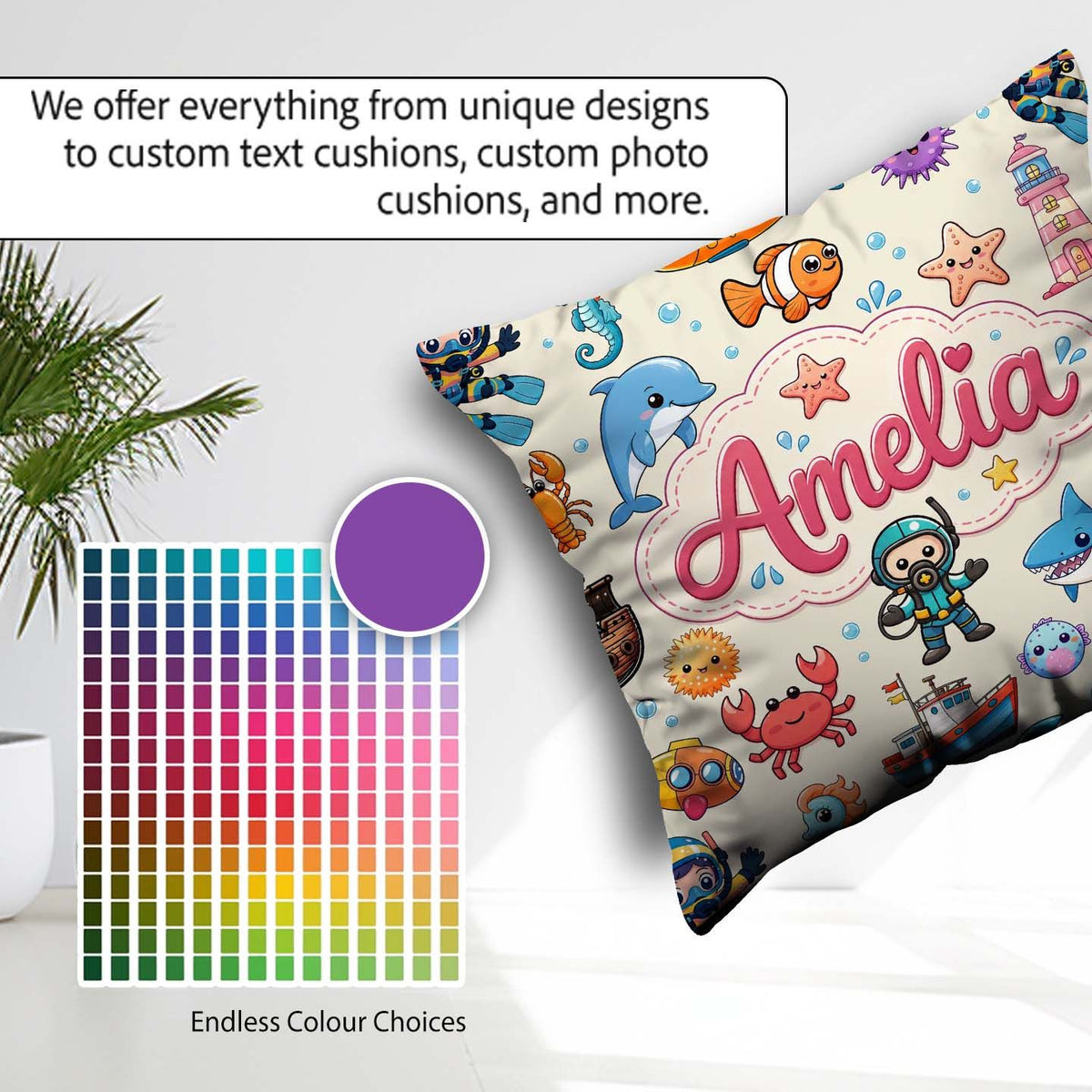 Custom Name Cartoon Ocean with sea Creatures on Beige Background Square Filled Cushion Throw Pillow Sofa Bed Home Decor Zip Washable UK Made