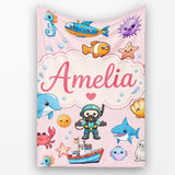 Cartoon Ocean with various sea CreaturesSea Creatures on Blush Pink  Personalised Custom Name Super Soft Fleece Blanket Bed Sofa Throw