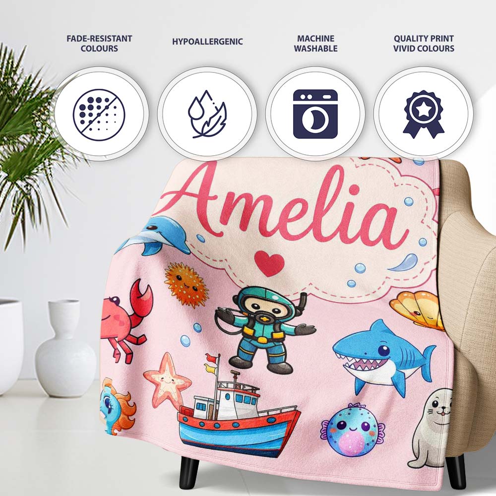 Cartoon Ocean with various sea CreaturesSea Creatures on Blush Pink  Personalised Custom Name Super Soft Fleece Blanket Bed Sofa Throw